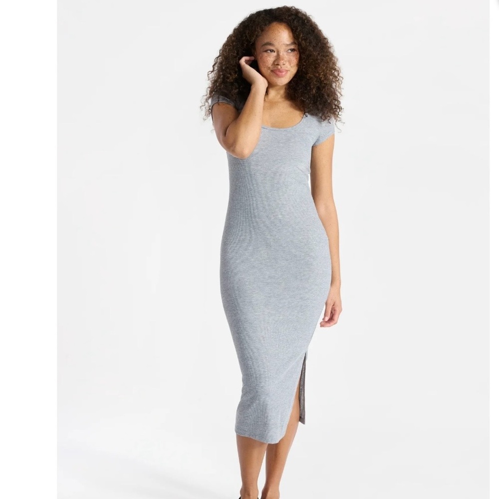 No Boundaries Scoop Neck Ribbed Midi Dress in Light Gray